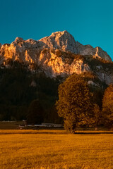 Beautiful evening view with alpenglow at the famous Haldensee, Tannheimer Tal valley, Tannheim,...