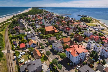 Foto op Plexiglas Summer view from the air of the Hel Peninsula, a calm and nice landscape over Kuznica village. © PawelUchorczak