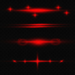 Set of red glowing rays and glare of light, neon line on a transparent background. Vector illustration