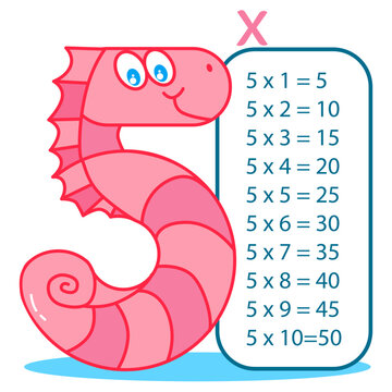 Multiplication table with happy seahorse, number 5. Five times table chart. Educational material. Hand drawn sketch. Vector illustration.