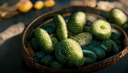 3D Illustration of Bitter cucumbers on the basket in a green color