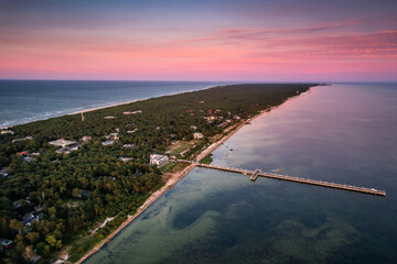 Summer view from the air of the Hel Peninsula, a calm and nice landscape over Jurata village.