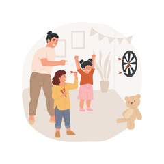 Family darts tournament isolated cartoon vector illustration. Family playing game, aiming in the center, throwing darts, home tournament, dartboard in living room, leisure time vector cartoon.
