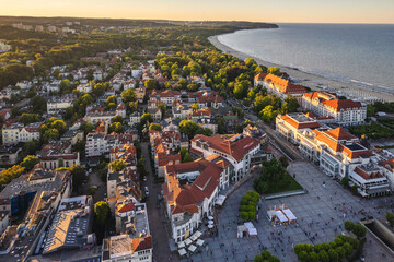 Aerial view of Sopot and the buildings of the seaside village. A warm summer afternoon creates a pleasant atmosphere in the photo.