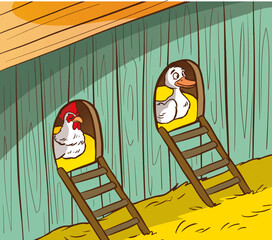 chicken and duck vector illustration in the henhouse © serkan