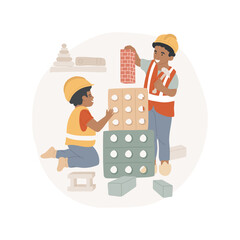 Construction engineer game isolated cartoon vector illustration. Boys playing engineer role game, pretending architect, construction play set, wearing hardhat, building blocks vector cartoon.