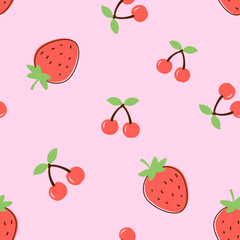 Seamless pattern with strawberries and cherry fruit on pink background vector illustration.