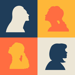 Four girls of different nationalities and skin colors in profile and staggered. Icons of four women of different nationalities. Women's friendship, union of feminists or sisterhood. Vector flat.