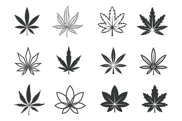Vector Cannabis leaf collection in different styles. Marijuana leaf silhouette set. Medical hemp. Design element for emblem, sign, badges.
