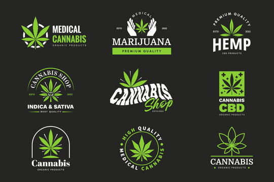 Collection of Medical Cannabis emblem. Marijuana badges set with hemp leaf and typography. Design element for label, branding, business. Vector illustration.