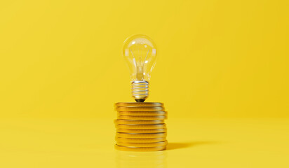 Fototapeta Rising energy cost concept. Light bulb on top of a stack of gold coins. 3D Rendering obraz