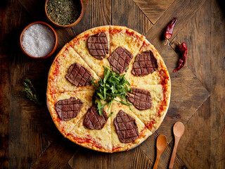 Pizza with a stack on a wooden background with spices