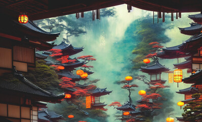 Fantasy Japanese landscape spa. Japanese hot springs, ancient architecture. 3D illustration. - obrazy, fototapety, plakaty