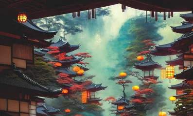 Fototapeten Fantasy Japanese landscape spa. Japanese hot springs, ancient architecture. 3D illustration. © MiaStendal