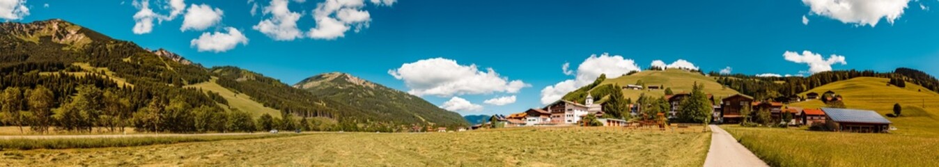 Fototapeta na wymiar High resolution stitched panorama near Zoeblen at the famous Tannheimer Tal valley, Tannheim, Tyrol, Austria