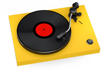 Vinyl record player or DJ turntable with retro vinyl disk on white background.