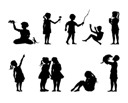 Children silhouettes. Kids poses collection. Isolated childhood scene. Young boys and girls life. Preschool lifestyle