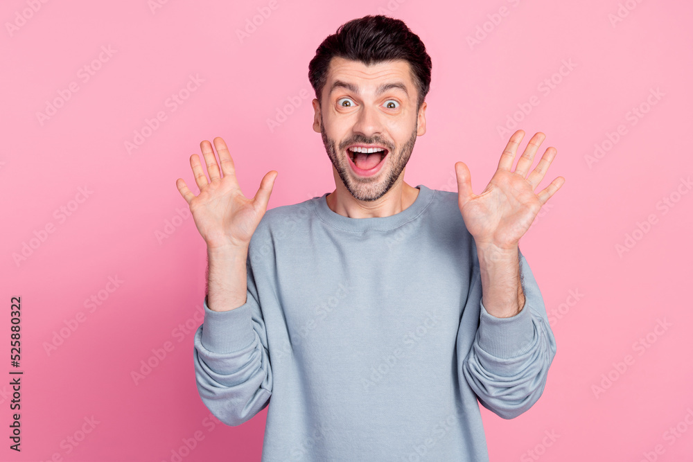 Sticker portrait of astonished satisfied person raise opened arms palms cant believe isolated on pink color 