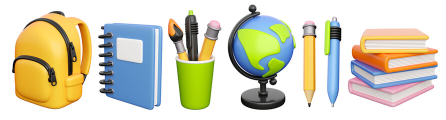 Icons set for back to school, learning and onlline education banners. School bag, notebook, writing accessories, globe and books stack. 3d high quality isolated render