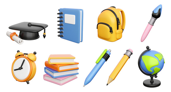 Icons set for back to school, learning and onlline education banners. School bag, notebook, writing accessories, globe, books stack, clock and graduation cap. 3d high quality isolated render