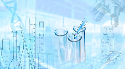 Research, science, medicine in laboratory with microscope, pipette, test tube, syringe, DNA and formula - obrazy, fototapety, plakaty