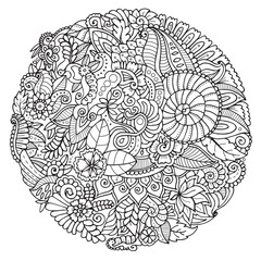 Round floral pattern in antistress coloring page style. Spring summer doodle concept design	