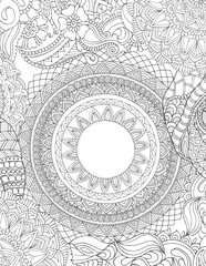 Zentangle adult coloring book relax page with oriental mandala in the flower