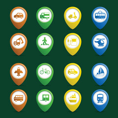 Transportation vehicles navigation pins set of car truck bus pedestrian isolated vector illustration