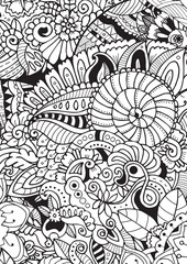 Fototapeta premium Sea motif with flowers, shells, leaves. Adult coloring book anti stress page.