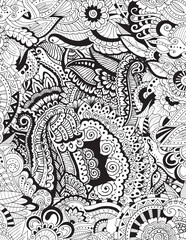 Black and white Zentangle pattern for coloring book. Features intricate floral designs and geometric shapes. Ideal for relaxation and creativity.

