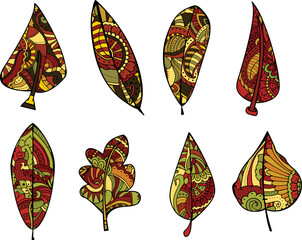 Set of colored autumn leaves in Zentangle style, featuring intricate patterns. Ideal for adult coloring books, combining detailed designs with vibrant fall colors.