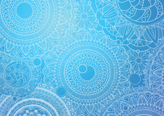 Floral abstract pattern. Blue background with white outline mandala flowers.
