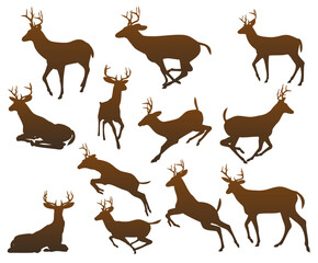 Set of wild deer silhouettes