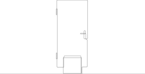 Deilvery box, paper bag near door. Line drawing vector illustration.