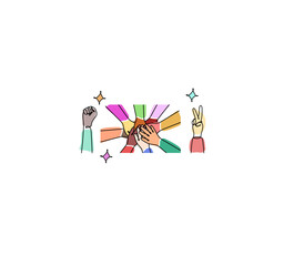 The concept of inclusion and diversity. Multiethnic hands put their hands on each other. Hands depict fist and peace sign