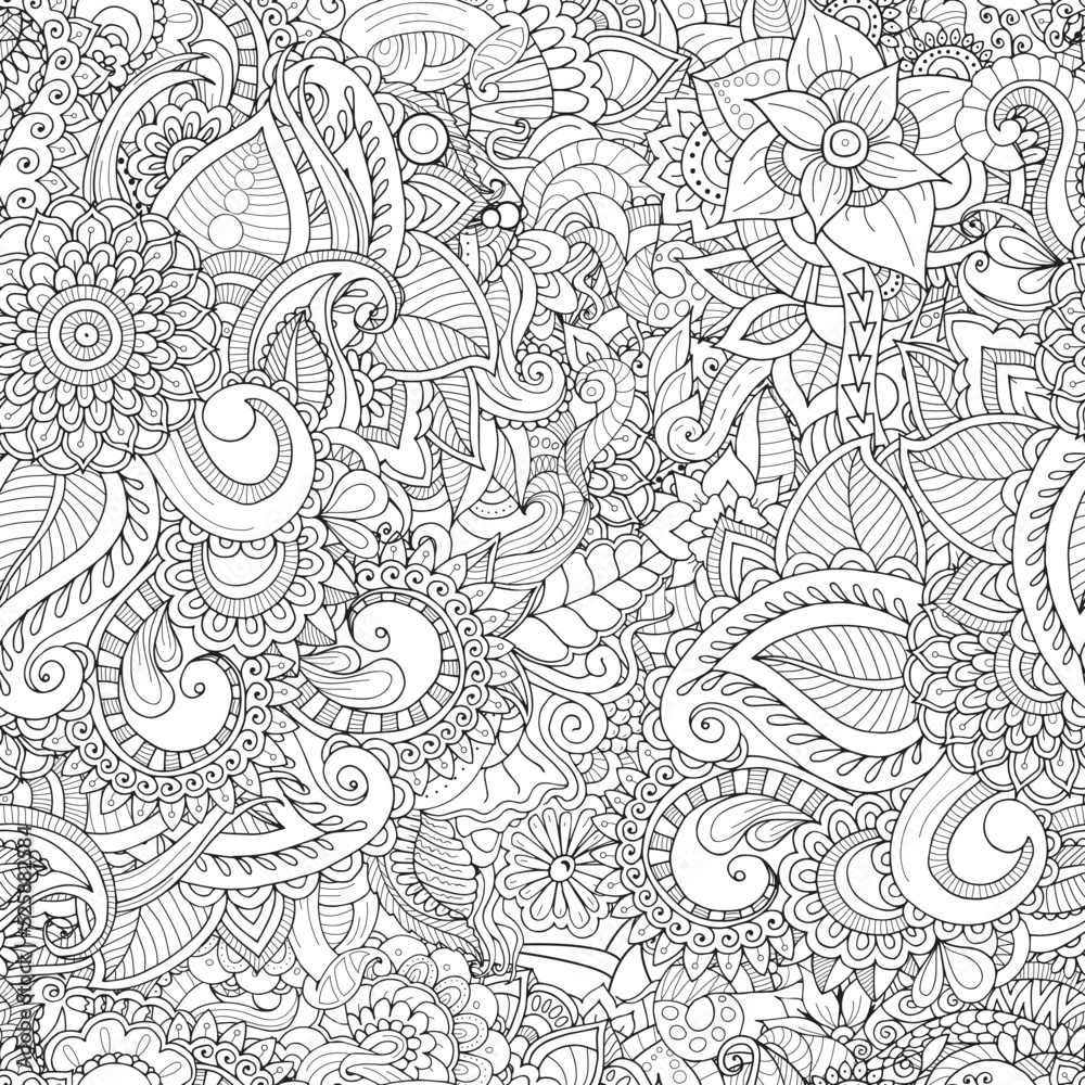 Wall mural floral seamless pattern. outline sketch contour drawing, line art. abstract pattern for coloring pag