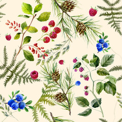 Watercolor illustration, pattern. Forest plants, berries. Background, pattern. Summer forest image.
