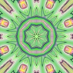 Modern design texture of green and purple blooming tulips with a bright creative touch. Kaleidoscope concept, seamless pattern, geometry, circle, batik and fractal