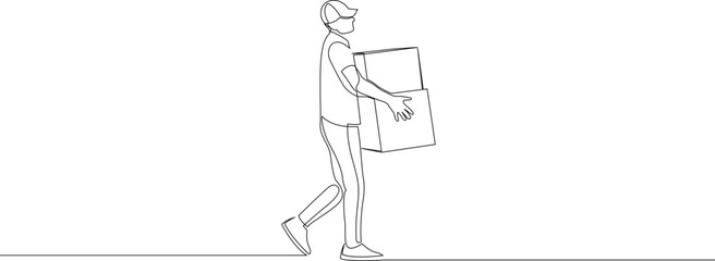 Continuous line drawing of man courier with boxes in his hands wearing cap. Concept of fast delivery. Vector illustration.