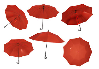 Red umbrellas isolated transparency background. 3d rendering illustration..