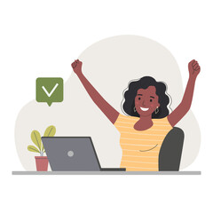 Young woman before the laptop with show Yeah positive gesture, approval gesturing. Flat style cartoon vector illustration.