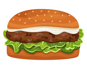 Hamburger. Bun, patty, tomato, cheese, salad greens, onions, sauce. Fast Food. Graphics. Cartoon. Vector. Close-up.