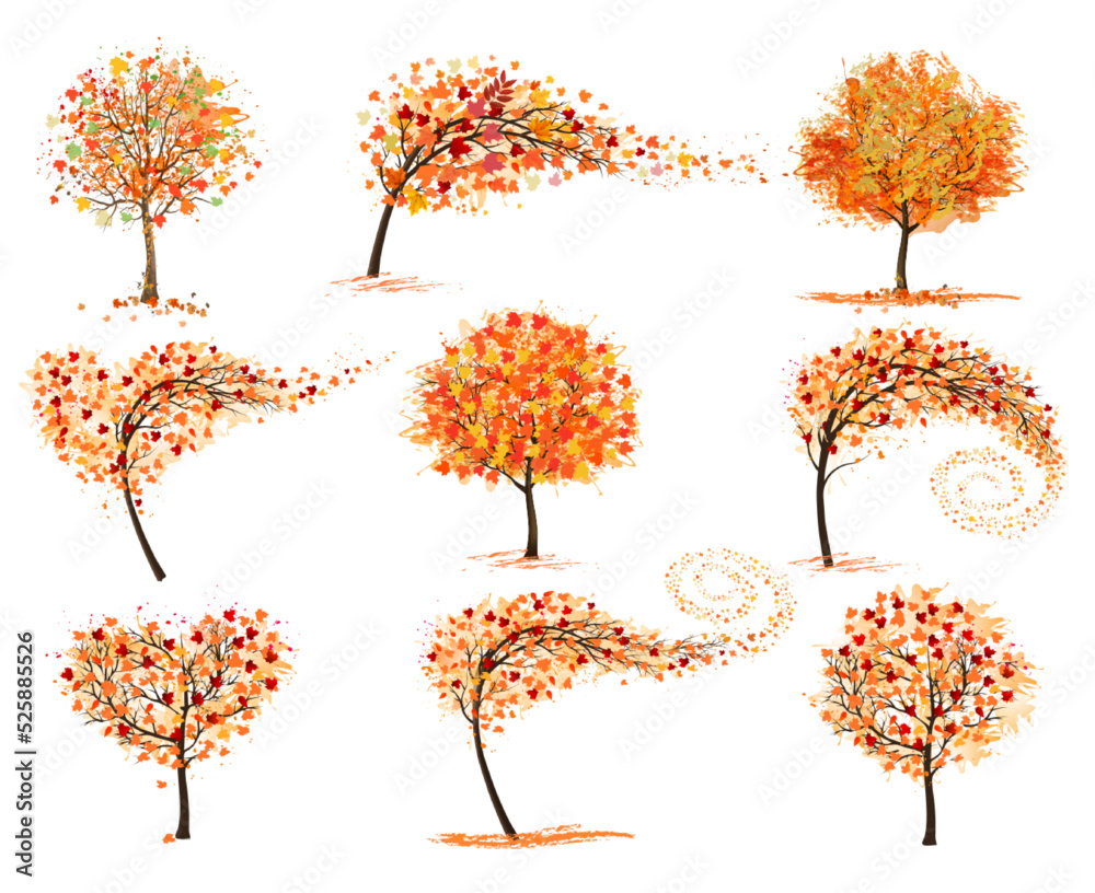 Poster hello a gold autumn. set of autumn inspired trees with colorful leaves. vector illustration.