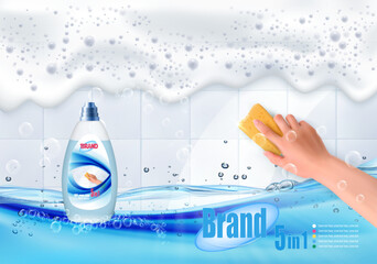 Hand holds a cleaning yellow sponge and wipes a soapy foam on a dirty white tiles befor and after. Ad template for tile cleaner, before and after detergent cleaning effect with bottle mock-up. Vector
