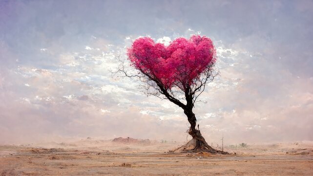Tree of love. Pink heart shaped tree in desert landscape. Romantic love background. Valentine day card.