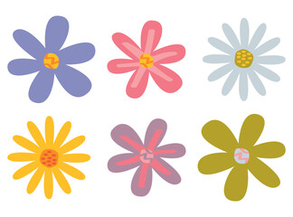 Set of flat Spring flower icons in silhouette isolated on white. Cute retro illustrations in bright colors for stickers