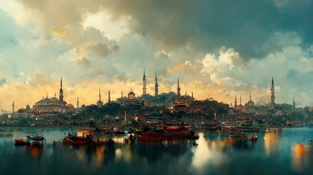 Oil painting style picture of Golden Horn, Istanbul, Turkey.