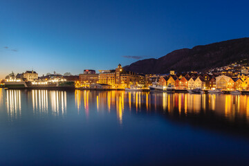 The city of Bergen captured in April. The beautiful blue hour adds charm to the city located in the fjord