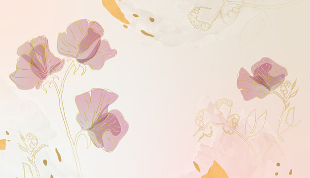 Floral watercolor vector background. Luxury wallpaper design with pink flowers, sweet peas, line art, golden and watercolor texture. Elegant golden flowers illustration suitable for fabric, prints