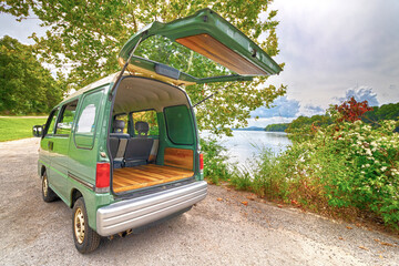 Green micro Van with wood trim